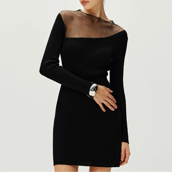 Commense Semi Sheer Panel Sweater Dress Black Knit Mesh Shoulder NWT Small - Picture 3 of 11